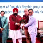 Punjab school education minister Harjot Bains felicitate orane international MD Dinesh Sood during the launch of ‘Hunar Sikhya School’ flagship programme , launched on Friday in Chandigarh.