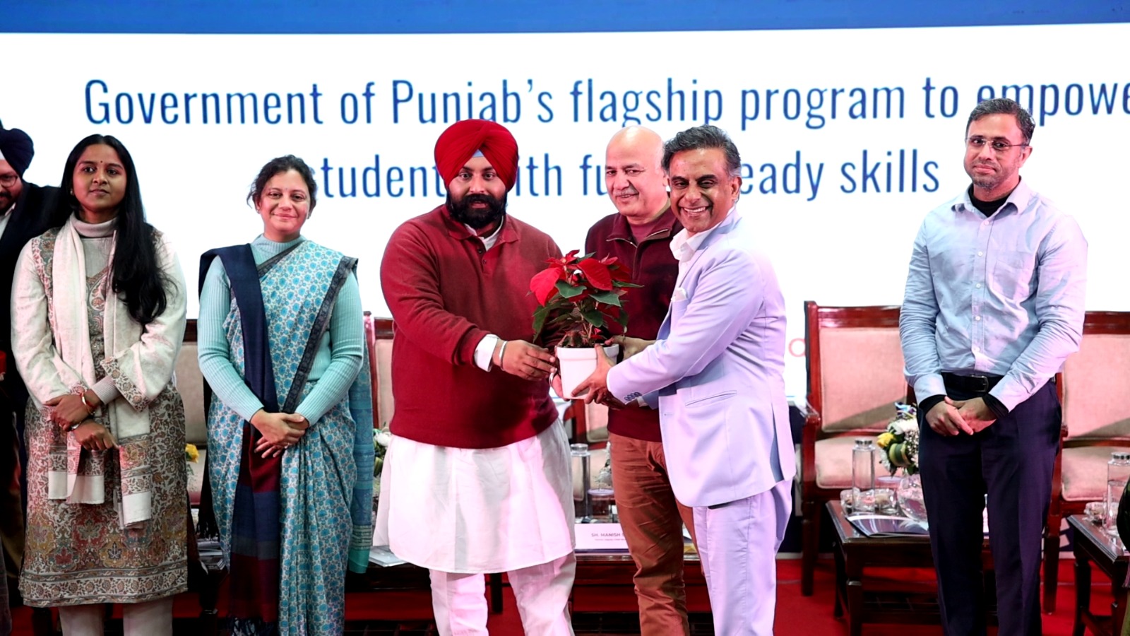 Punjab school education minister Harjot Bains felicitate orane international MD Dinesh Sood during the launch of ‘Hunar Sikhya School’ flagship programme , launched on Friday in Chandigarh.